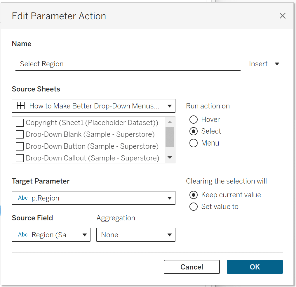 Parameter Action Select Region