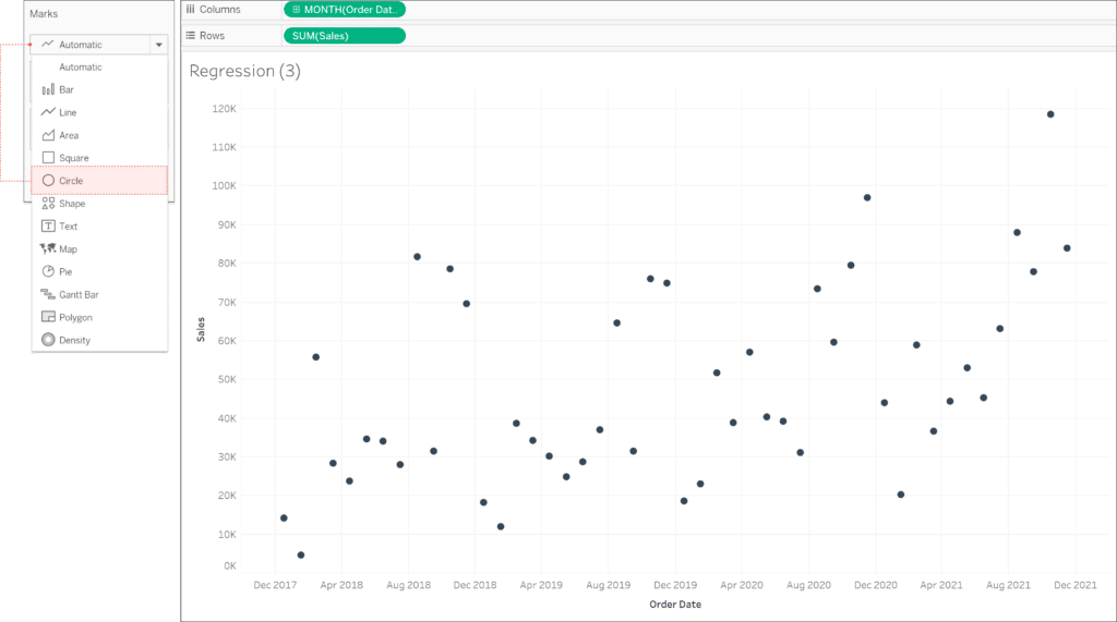 Scatter plot in Tableau to make a linear regression