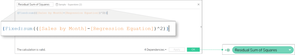 residual sum of squares calculation for linear regression in Tableau