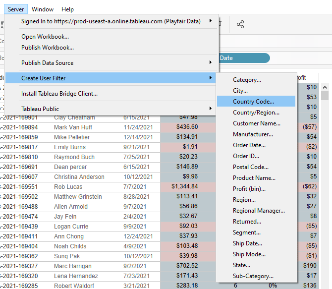 Creating a user filter for row level security in Tableau