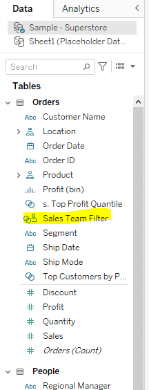 Sales Team Filter in the Data pane