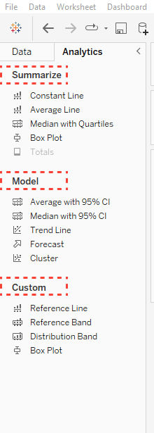 Sections of the Analytics pane in Tableau