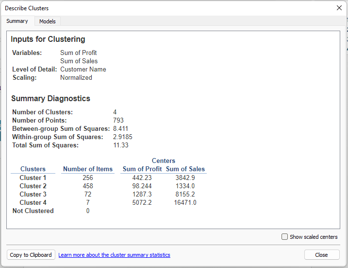 Describe Clusters Summary