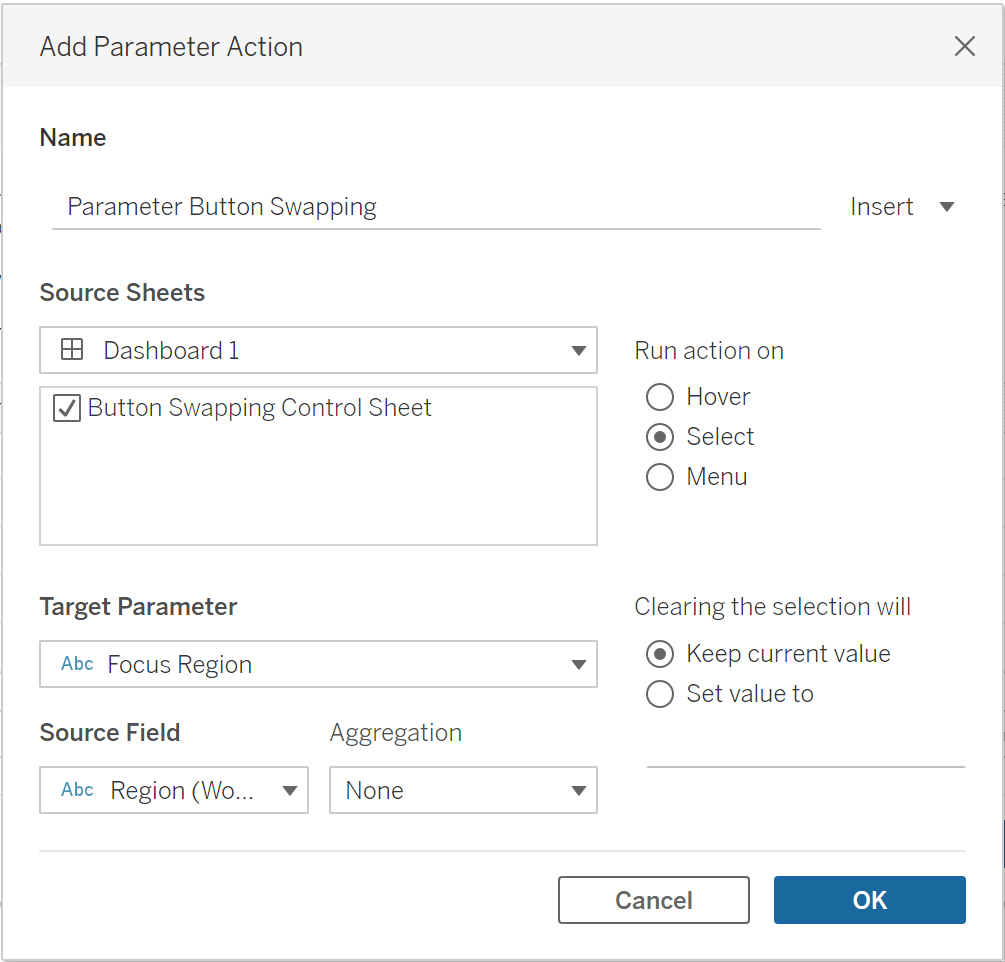 Parameter action for button swapping in Tableau