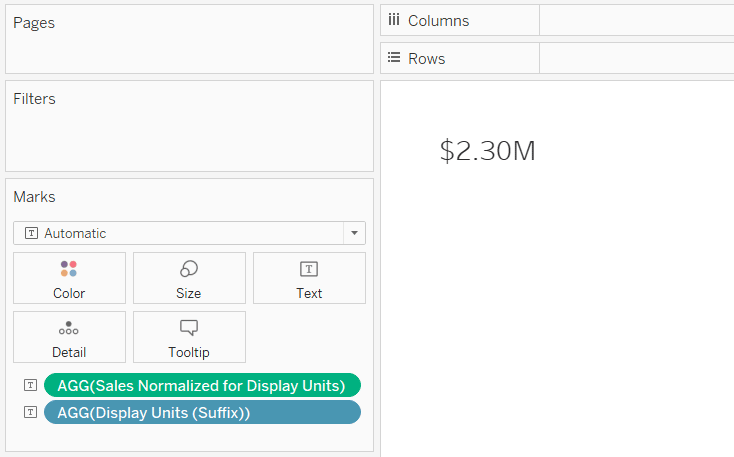 Place the normalization and suffix calculated fields on the Text Marks Card together