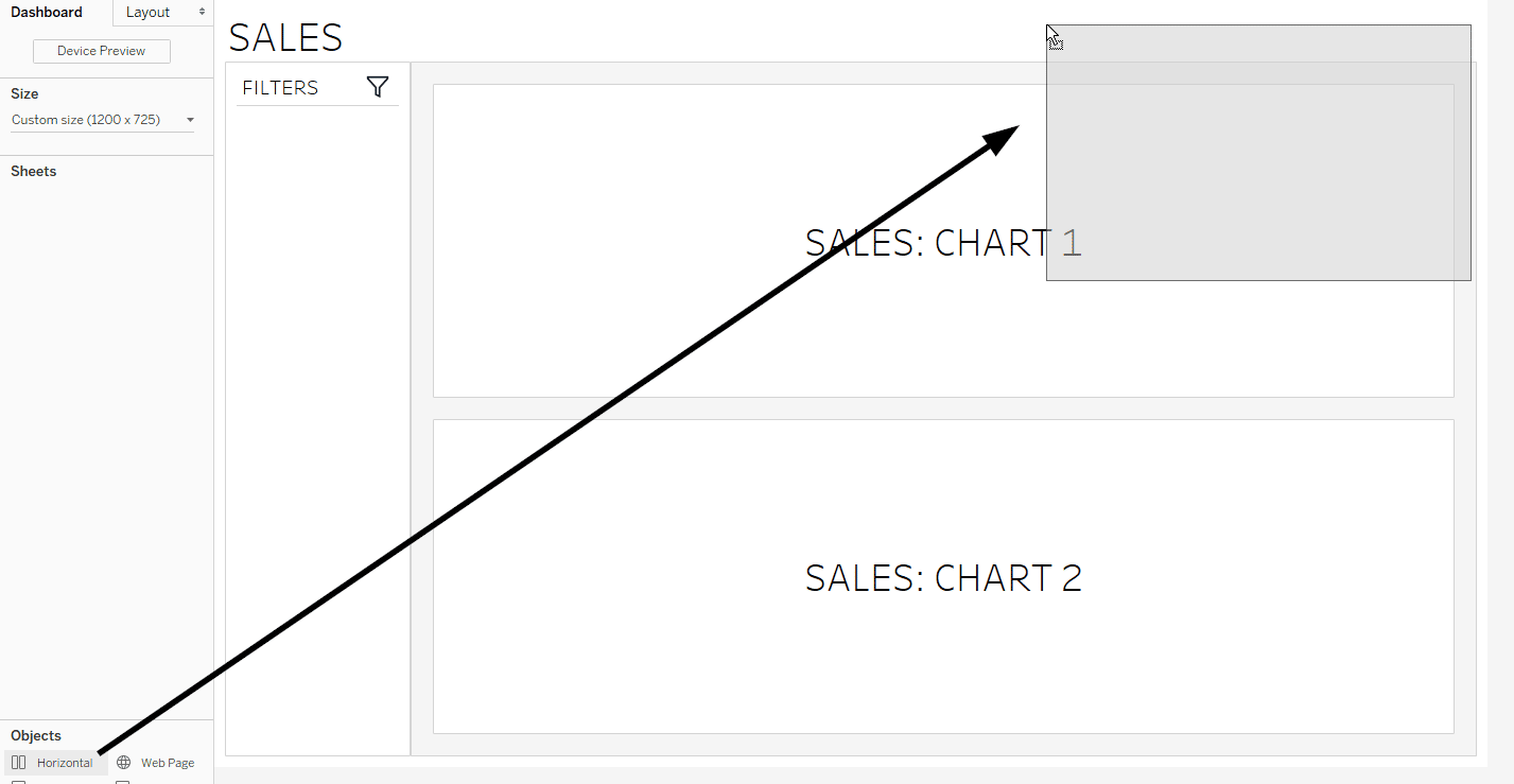 Drag a Horizontal Container onto the dashboard wherever you want your navigation bar to be