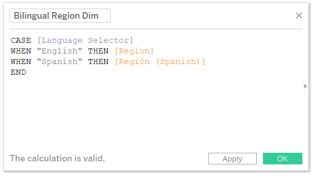 Bilingual Region Dimension Calculated Field in Tableau