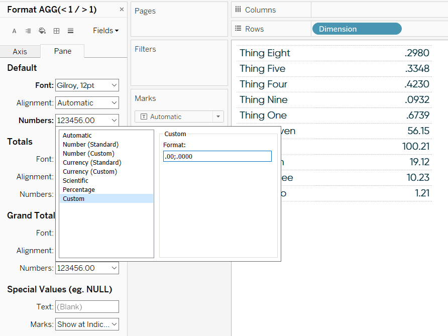 Changing Number Formatting to Display Different Numbers of Decimal Places in Tableau