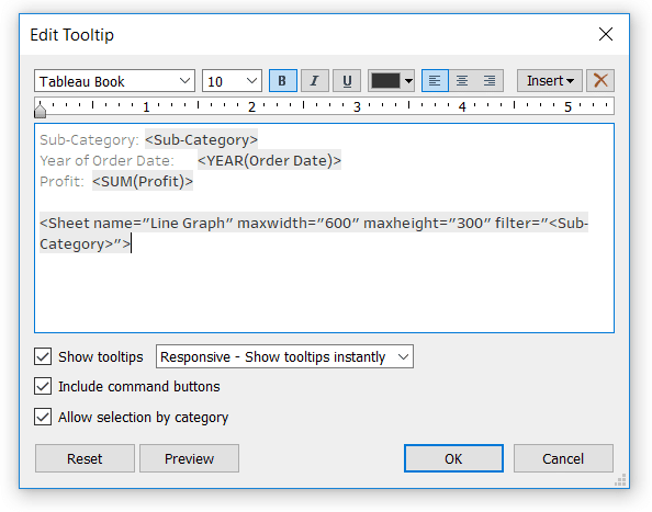 Changing the Defaults of a Viz in Tooltip in Tableau