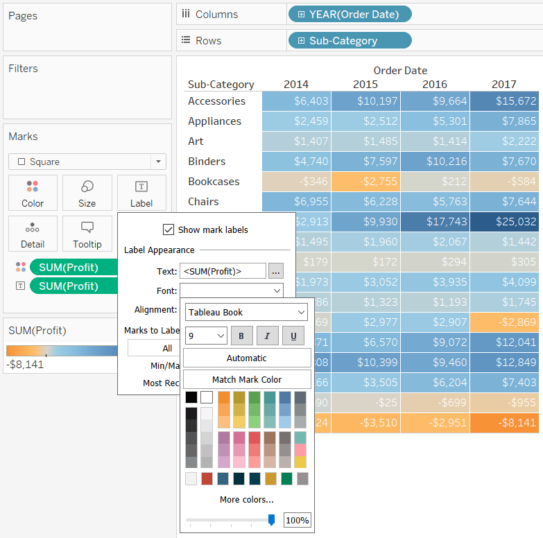 Changing the Font Options on the Label Marks Card in Tableau