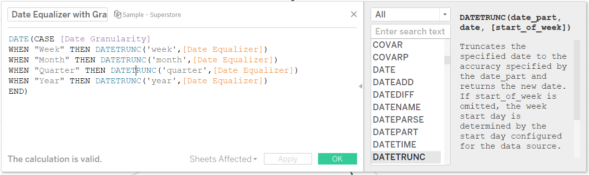 Clicking DATETRUNC in Calculated Field Dialog Box