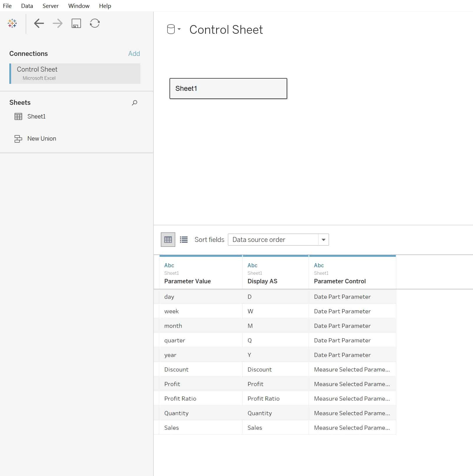 Add the Control Sheet to the Data connection in Tableau