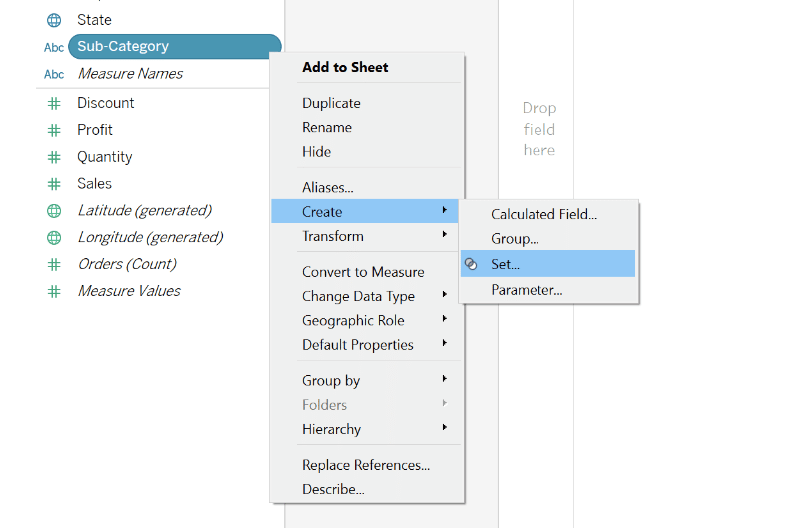 Create a Sub-Category Set in Tableau