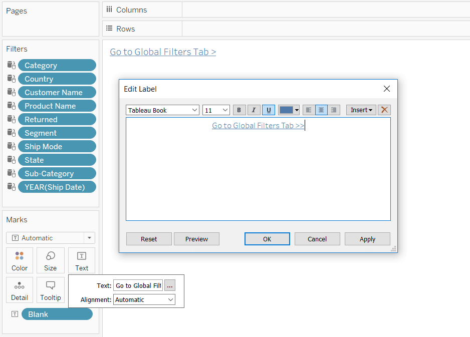 Creating a Go To Global Filters Tab Button in Tableau
