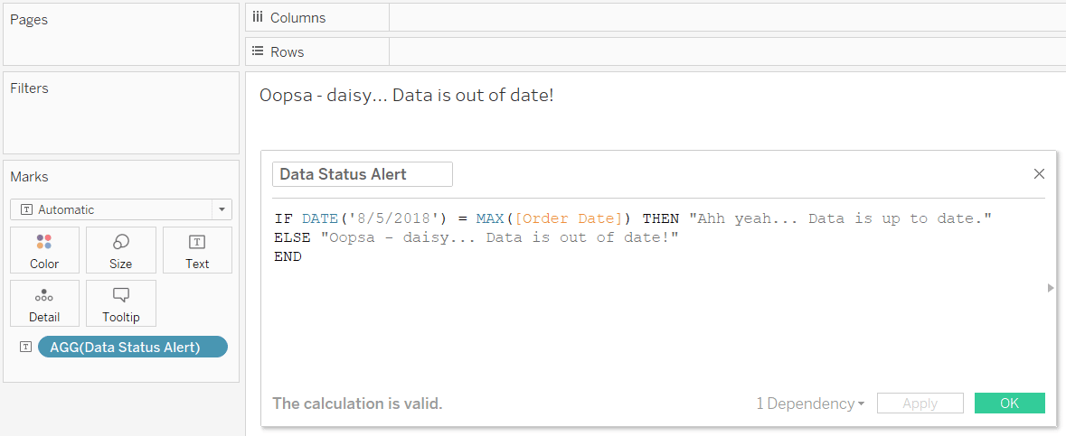 Data Status Alert on Tableau Text Marks Card Out of Date