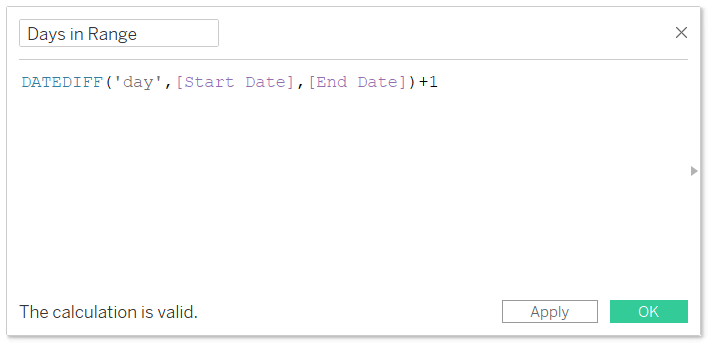 Days in Range Calculated Field in Tableau