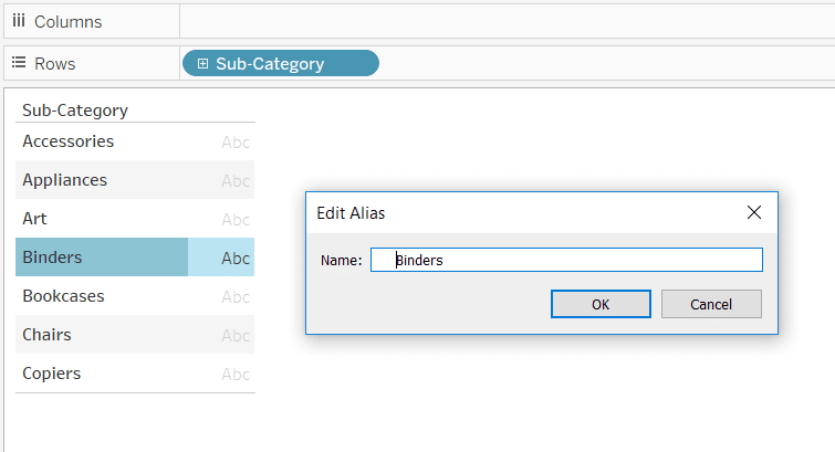 Editing the Alias of a Dimension Member in Tableau