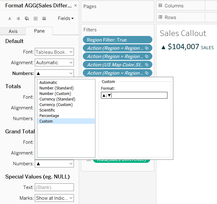 Formatting Tableau Measure with Up and Down Triangles