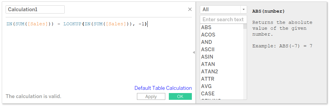 Pasting a Tableau Table Calculation into a Calculated Field Dialog Box