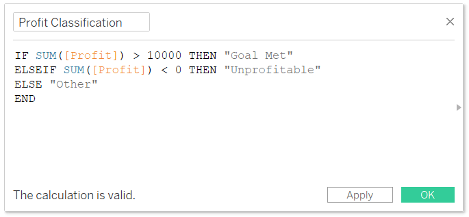 Profit Classification Calculated Field in Tableau