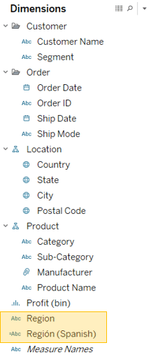 Region Dimension in English and Spanish in Tableau