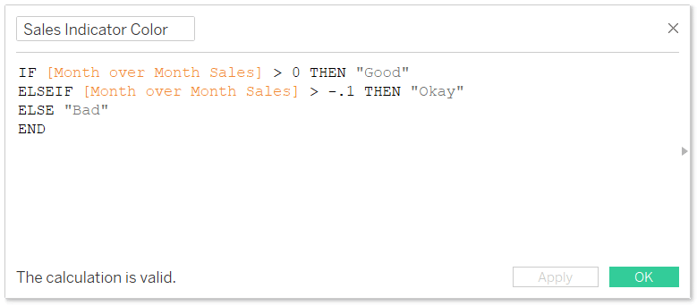 Sales Indicator Color Calculated Field in Tableau