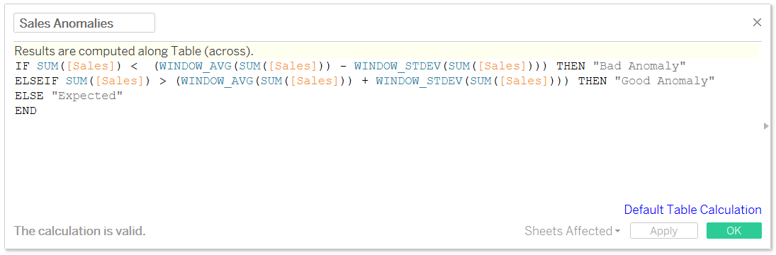 Tableau Anomaly Detection Formula in a Calculated Field