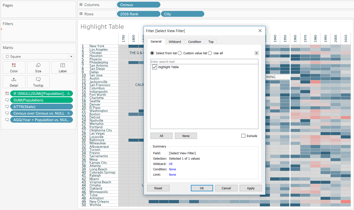 Tableau Highlight Table View with Select View Filter