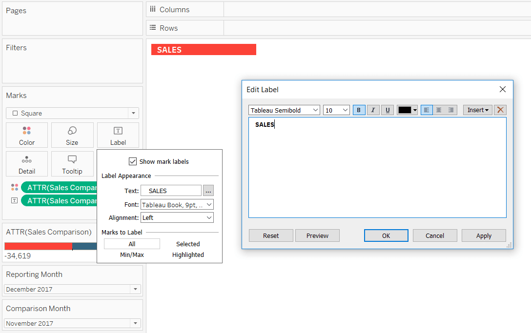 Tableau Label Marks Card with Comparison KPI