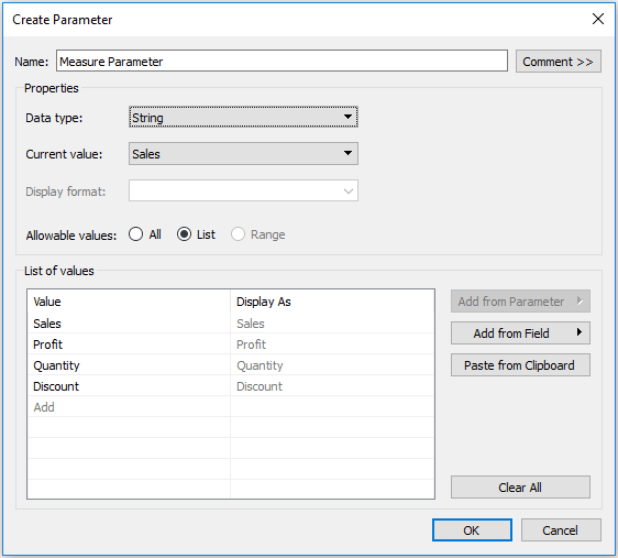 Tableau Measure String Parameter