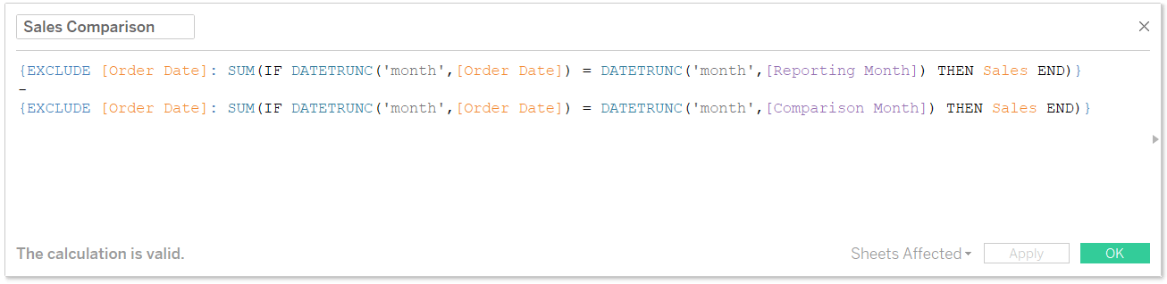 Tableau Sales Comparison Calculated Field