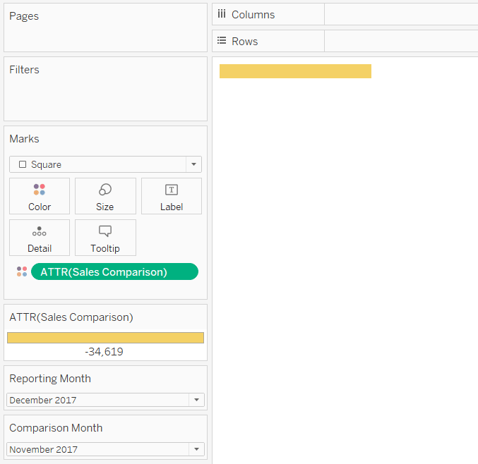 Tableau Sales Comparison on Color Marks Card