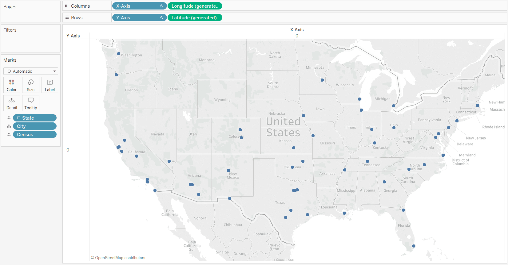 Tableau State and Census Map with Discrete X-Axis and Y-Axis