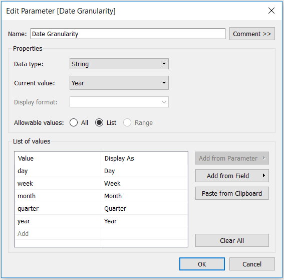 Tableau String Parameter with Date Part Options Lowercase Values