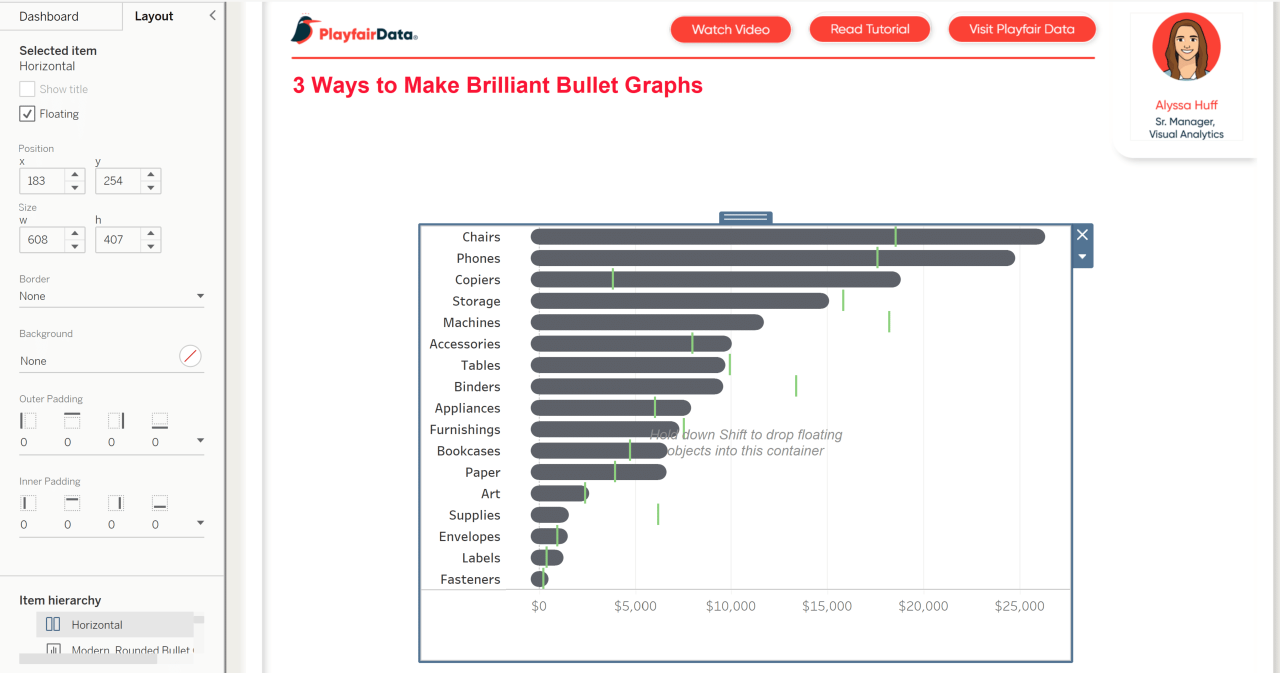 Adjust the bullet graph sheet using the Layout pane