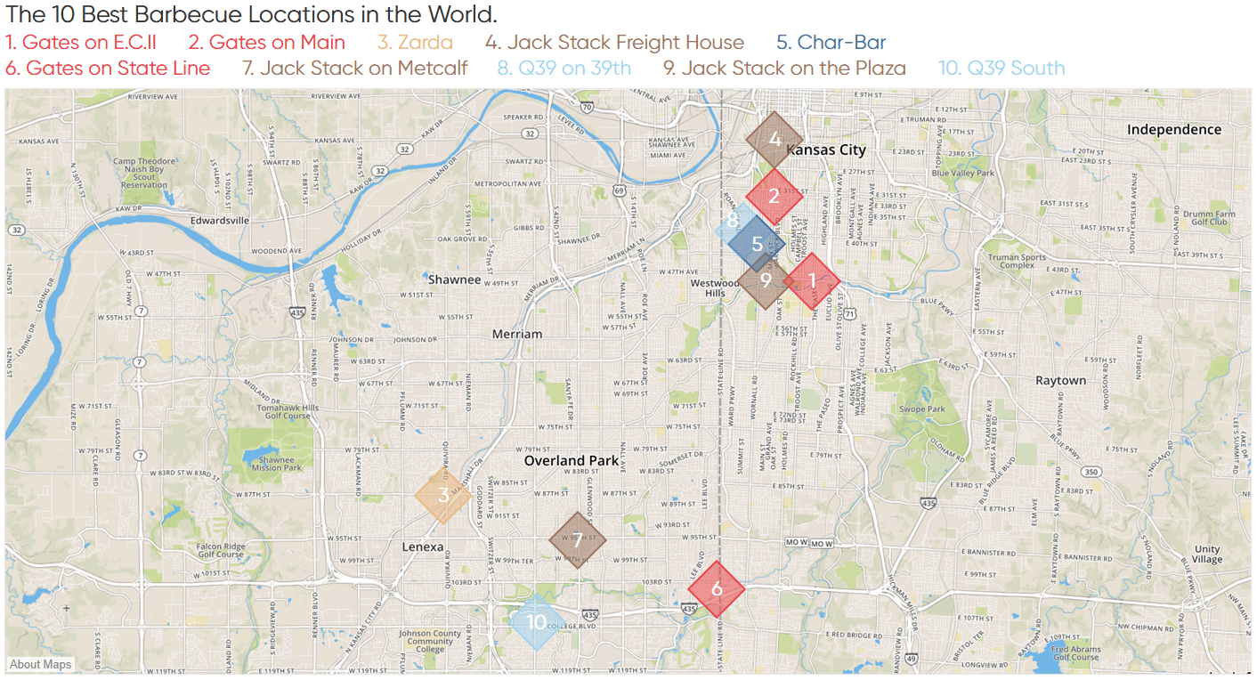 Top 10 Barbecue Restaurants Tableau Map with Streets Mapbox Style