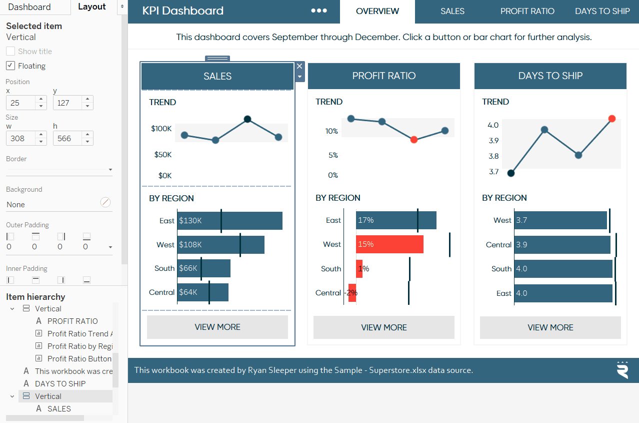 Using Tableau Layout Pane to Change Dashboard Object Dimensions