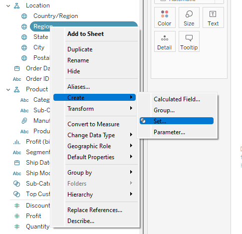 Right-click on Region, navigate to Create, and Select Set