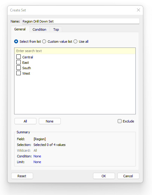 Create Set menu pane, change the name to Region Drill Down Set, and leave nothing selected, choose OK.