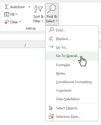 Excel Special Go-To Function Menu