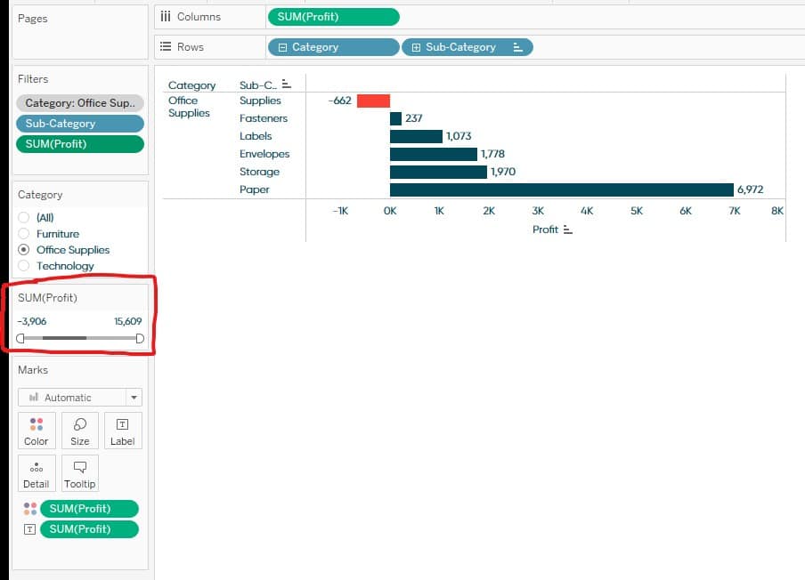 Show the Profit filter in Tableau