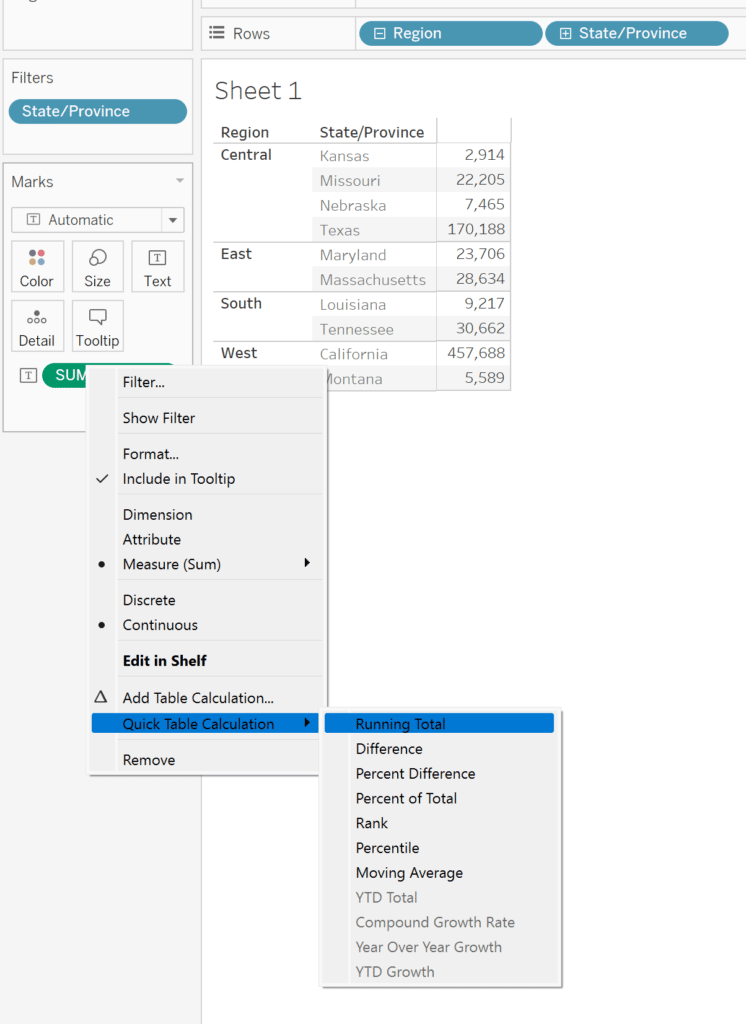 Adding a quick table calculation in Tableau