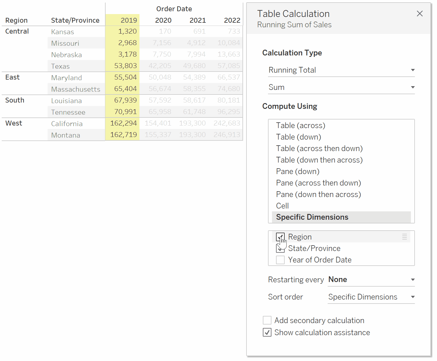 Tableau table calculations 'Specific Dimensions'