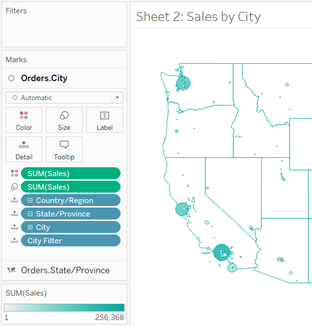 Place the City Filter calculated field on the Detail property of the Marks card.