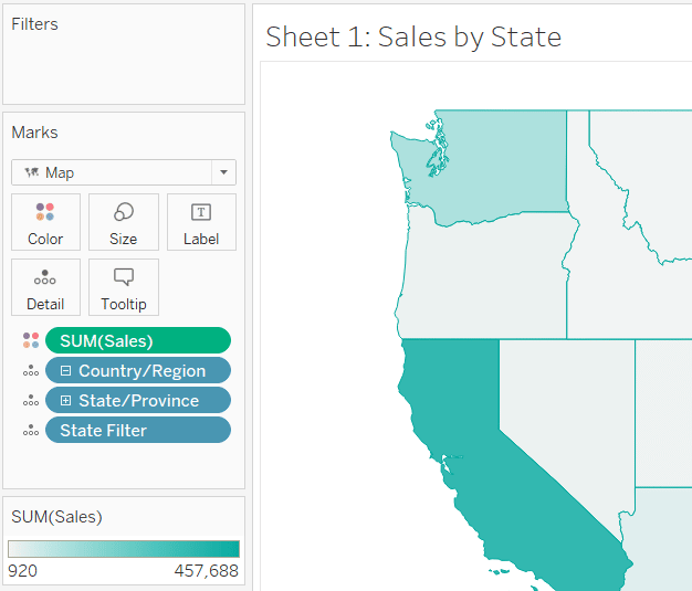 Place the State Filter calculated field on the Detail property of the Marks card.