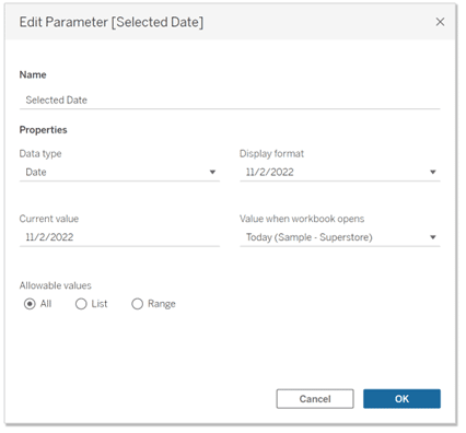 Create a Selected Date parameter