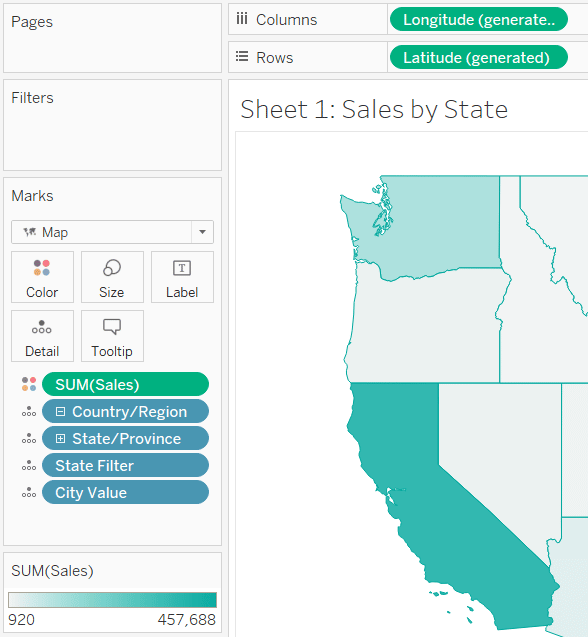 Place the City Value calculated field on the Detail property of the Marks card within the Sales by State sheet.