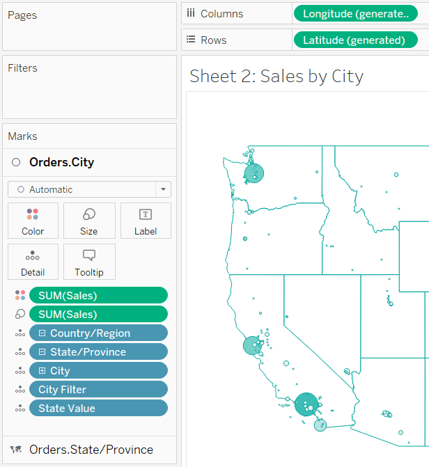 Place the State Value calculated field on the Detail property of the Marks card within the Sales by City sheet.