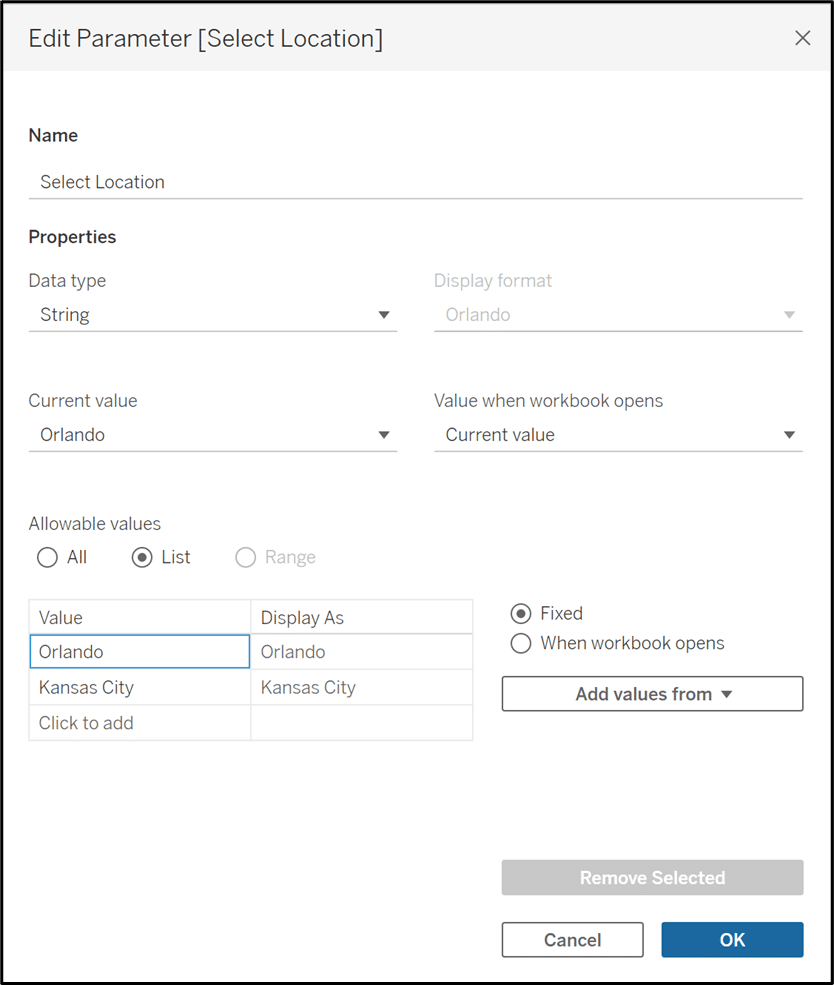 Create Select Location parameter