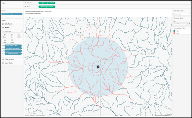 Drag “Intersection Filter” to the Color property of the “Rivers” Marks card